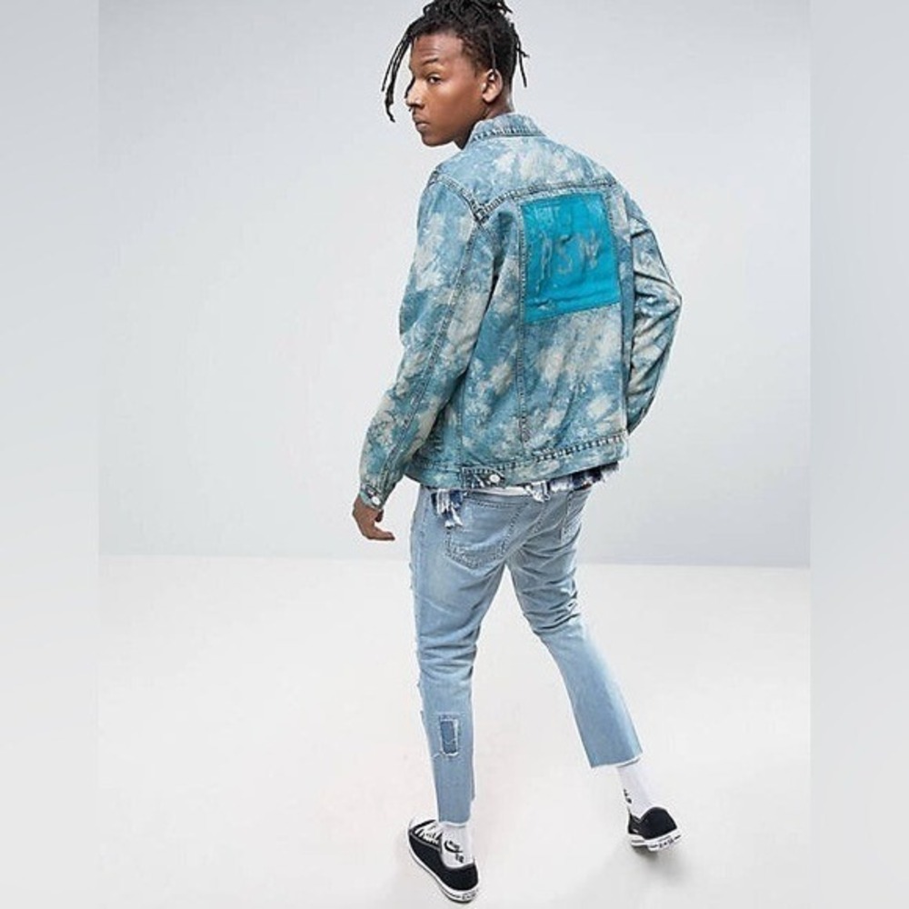 Men's Reason Streetwear Greaser Denim Jacket Marble Wash size M MSRP $150